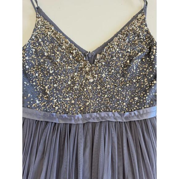 BHLDN Dress Formal Black Tie Gown Slate Blue Gray‎ Beaded Tulle Size 8 - Picture 5 of 11